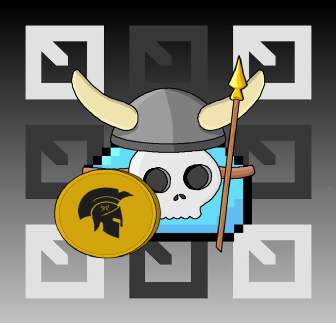 A skull wearing a Viking helmet with horns holds a spear and a gold shield featuring a Spartan helmet emblem, set against a black and white checkered background. The warrior imagery complements the post's call to support the DROP NFT collection, which has a limited supply of 1,111 pieces.