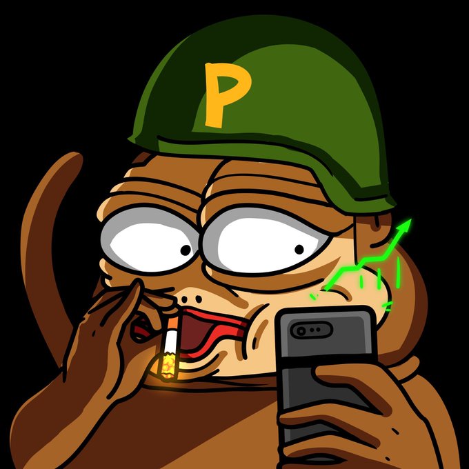 Cartoon illustration of a wide-eyed monkey wearing a green helmet with a yellow 'P', smoking a cigar and holding a smartphone displaying an upward trending line.