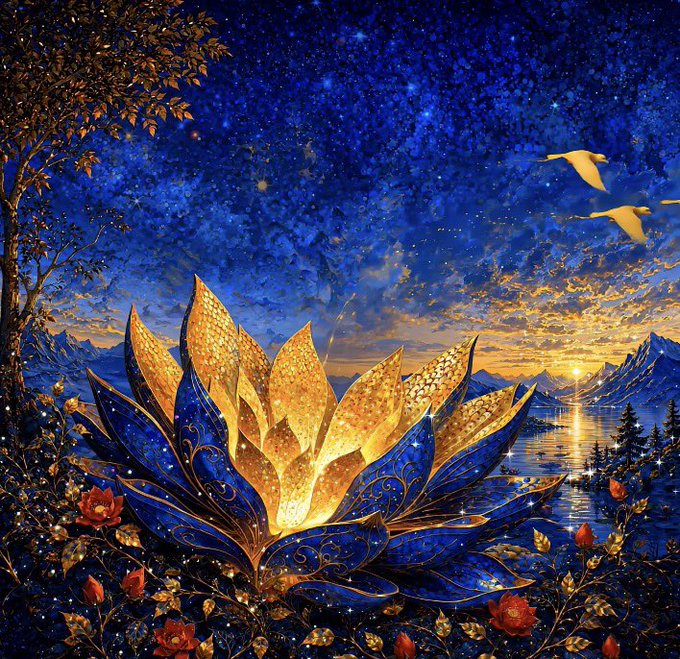 A vibrant fantasy artwork featuring a glowing golden and blue lotus flower against a starry night sky, with birds, mountains, and a lake illuminated by starlight.