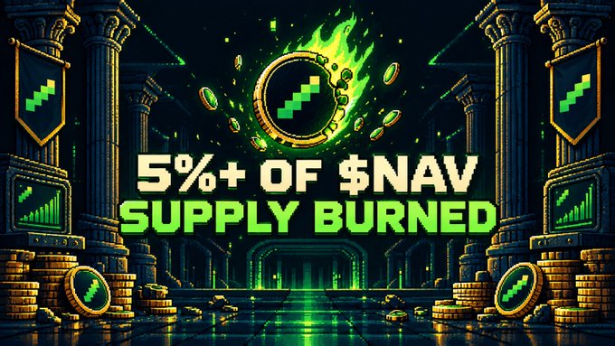 Pixel art promotional graphic featuring a green token coin surrounded by flames and gold coins, with text reading "5%+ OF $NAV SUPPLY BURNED".