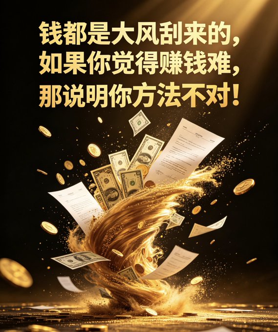 A dark, dramatic image with Chinese text reading '钱都是大风刮来的,如果你觉得赚钱难,那说明你方法不对!' (Money comes from big winds; if you find making money hard, your method is wrong!) above a swirling golden tornado of dollar bills and coins.