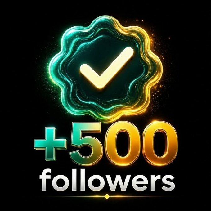 A digital graphic celebrating a social media milestone displays a glowing teal and gold checkmark badge above the text '+500 followers'.
