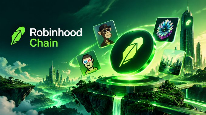 A promotional graphic for 'Robinhood Chain' features a green futuristic city landscape with floating NFT-style cards showing a Bored Ape character, a pixel art character, and a flower.