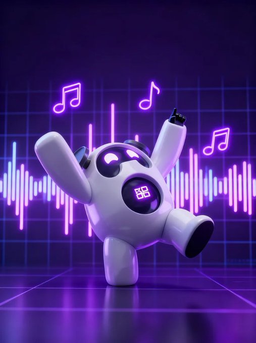 The image features a white robot with headphones on its head, dancing on a purple floor while holding up a sign with the number "5". The background of the image has lines that appear to be music notes or sound waves, creating an atmosphere of rhythm and movement. The caption for this image is "Grand rising CT Everyone talks about building community. Very few projects can actually prove who is creating value inside it. That’s what makes @XOOBNetwork interesting. Instead of rewarding noise, XOOB is building systems that reward contribution".