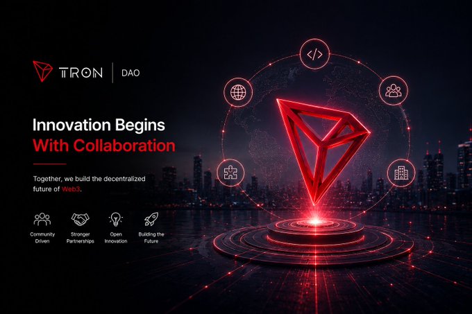 TRON DAO marketing banner titled 'Innovation Begins With Collaboration' with tagline 'Together, we build the decentralized future of Web3,' highlighting Community Driven, Stronger Partnerships, Open Innovation, and Building the Future.
