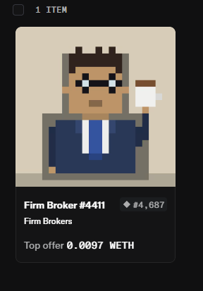 A pixel art NFT listing showing a 'Firm Broker #4411' from the 'Firm Brokers' collection with a top offer of 0.0097 WETH.