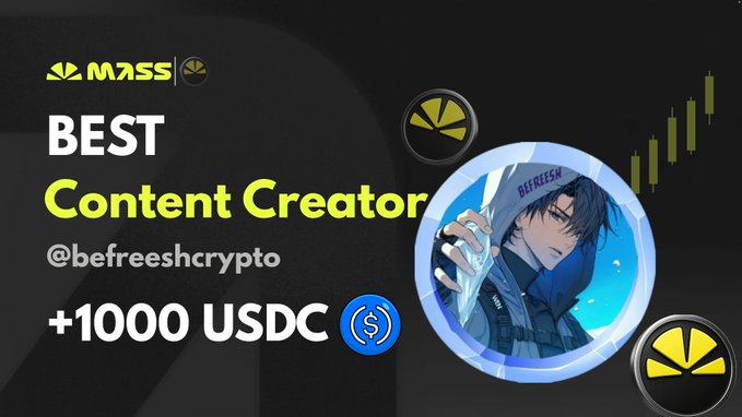A promotional banner celebrates gMass creator of the month @befreeshcrypto, highlighting him as the “BEST Content Creator” and announcing a prize of 1,000 USDC, consistent with the post’s recognition of his consistent content and use of the product.