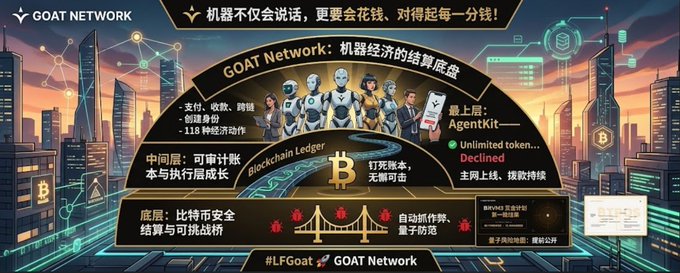 A promotional graphic for 'GOAT Network' describing it as a machine economy settlement base, featuring imagery of robots, a cityscape, and text highlighting 'Blockchain Ledger' and 'AgentKit'.