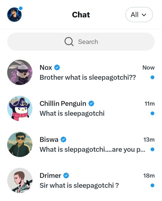A Telegram chat screenshot showing multiple users (Nox, Chillin Penguin, Biswa, Drimer) all asking variations of 'What is sleepagotchi?' with blue notification dots.