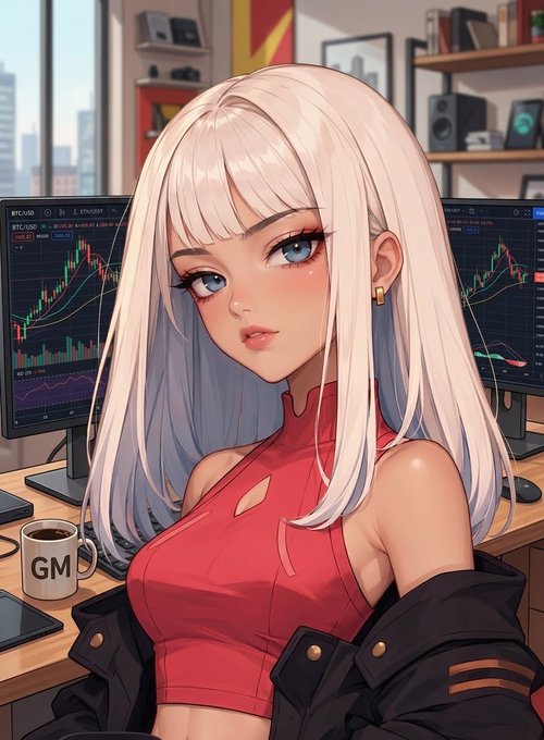 An anime-style illustration of a woman with long silver hair and blue eyes wearing a red top and black jacket, sitting in front of dual monitors displaying cryptocurrency trading charts, with a 'GM' coffee mug nearby.