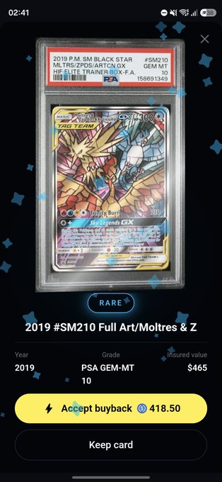 A PSA-graded Pokémon trading card app screen showing a 2019 #SM210 Full Art/Moltres & Z card with a buyback offer of 418.50 vs. insured value of $465.