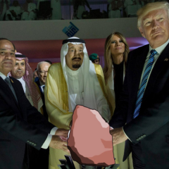A cartoon-style illustration of Donald Trump shaking hands with a figure in traditional Arab headdress at what appears to be a formal diplomatic event with an American flag backdrop.