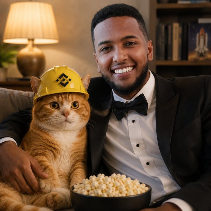 A smiling man in a black tuxedo with bow tie sitting on a couch next to an orange cat wearing a yellow construction hard hat, holding a bowl of popcorn.