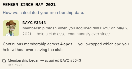 The image shows a screenshot of a social media post, with the caption "Member Since May 2021". The post includes a link that says "BAYC #3343 - Accounting - Club Assets - How we calculated your membership date".