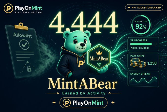 A digital promotional graphic for "PlayOnMint" features a teal bear mascot in a hoodie displaying "MintABear - Earned by Activity" with stats showing 4,444, 92% activity level, 7,650/8,500 XP, and 1,250 Play Chips.