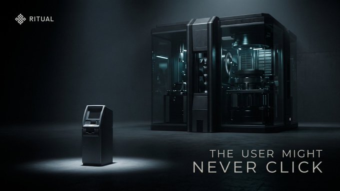 A dark, futuristic image featuring an ATM next to a large, illuminated, cube-like structure with the word "RITUAL" in the top left corner and the text "THE USER MIGHT NEVER CLICK" at the bottom right.
