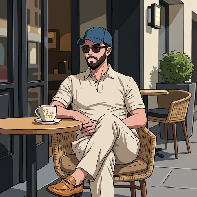 An illustrated man wearing a blue cap, sunglasses, and a cream-colored polo shirt sits at a cafe table with a coffee cup featuring the letter 'M', with another empty table and chair behind him.