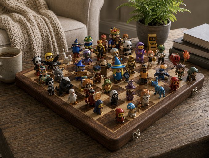 The image features a wooden chess board with various figurines of people, including cartoon characters such as Winnie the Pooh, Puss in Boots, and other popular characters from children's stories. The chess pieces are arranged in an interesting pattern on the board, showcasing their unique designs and colors. In addition to the chess set, there is a potted plant nearby, adding a touch of greenery to the scene. The image also includes text that reads "Gm ordinals and to those who never stop believing".