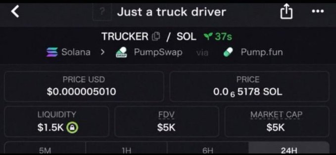 A screenshot of a cryptocurrency tracking app showing a token named 'Just a truck driver' (TRUCKER/SOL), with a price of $0.000005010 USD, 0.0₆5178 SOL, $1.5K liquidity, and $5K FDV and market cap, accessed via PumpSwap on Solana.
