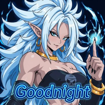 An anime-style female character with long flowing white hair, pointed elf-like ears, and gold jewelry, with the word 'Goodnight' displayed in blue text at the bottom.