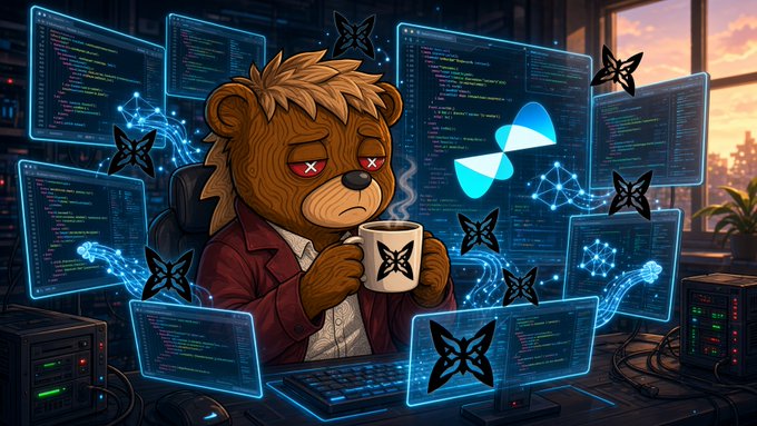An AI-generated illustration of a sad bear character in a red jacket holding a coffee mug, surrounded by multiple computer monitors displaying code, butterfly symbols, and a central glowing butterfly logo.