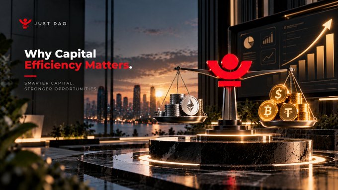 A promotional graphic for 'Just DAO' titled 'Why Capital Efficiency Matters' showing a scale balancing coins and cryptocurrency symbols against a city skyline at sunset.