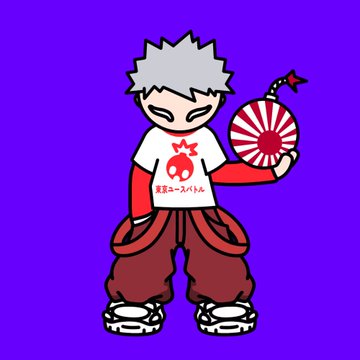 A cartoon character with spiky gray hair and a red eye symbol on a white shirt stands against a purple background, holding a red and white fan.