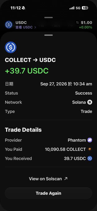 A mobile crypto wallet transaction confirmation screen shows a successful swap on the Solana network, exchanging 10,090.58 COLLECT for +39.7 USDC on September 27, 2026.