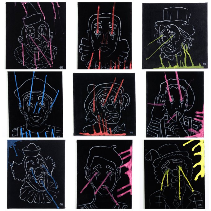 The image features a collection of nine black paintings depicting clowns and mimes with their faces painted red. The paintings are arranged in a grid-like pattern, showcasing various styles and techniques used by the artists. Each painting has a unique expression on its face, capturing the essence of the characters it portrays. The post includes information about the artist's signature and date of creation for each artwork, providing valuable context to the viewer.