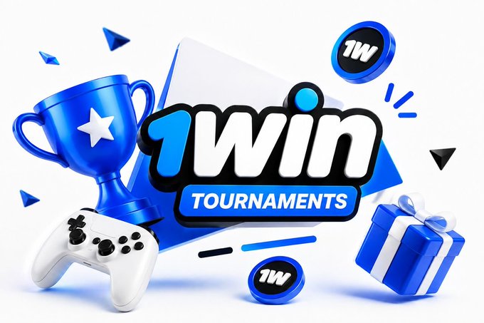 A promotional graphic for '1WIN TOURNAMENTS' featuring a blue and white color scheme with a trophy, game controller, gift box, and poker chips.