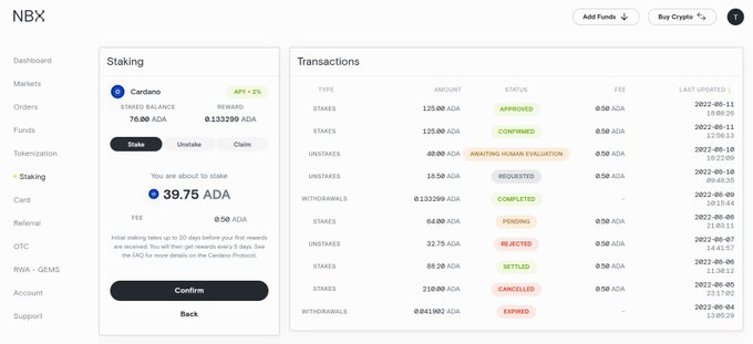 An NBX Cardano (ADA) staking dashboard shows a 76.00 ADA staked balance, 83,132,099 ADA reward, and approximately 39.75 ADA earned from staking. A transaction table lists ADA staking, unstaking, and withdrawal records, reinforcing the post’s message that NBX offers a simple, safe way to earn yield through Cardano staking.