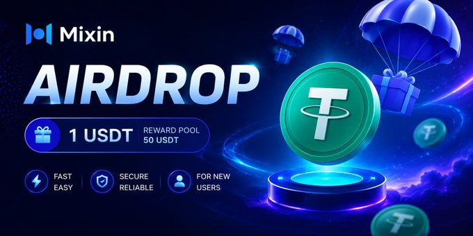 Mixin cryptocurrency airdrop promotional banner featuring a green Tether (USDT) coin with parachutes, offering 1 USDT per new user from a 50 USDT reward pool, with tags reading 'FAST EASY', 'SECURE RELIABLE', and 'FOR NEW USERS'.