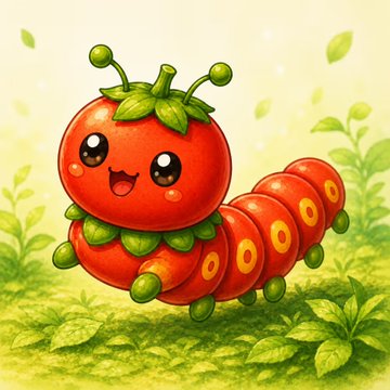 A cute, cartoon-style illustration of a tomato-headed caterpillar with a smiling face, green leafy collar, and segmented orange body crawling through grass and leaves.