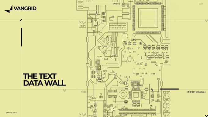 The image features a yellow background with a detailed circuit board illustration and the text "VANGRID," "THE TEXT DATA WALL," and "// THE TEXT DATA WALL //" visible. This relates to the post by symbolizing the contrast between traditional text-based data collection and the need for physical, spatial data that Vangrid emphasizes, illustrating the shift from text data walls to richer, real-world information gathering.