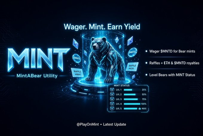 Promotional graphic for 'MINT - MintABear Utility' featuring a holographic blue bear on a pedestal, with text reading 'Wager. Mint. Earn Yield' and listing features like $MNTD wagering, ETH royalties, and MINT STATUS levels 1-5.