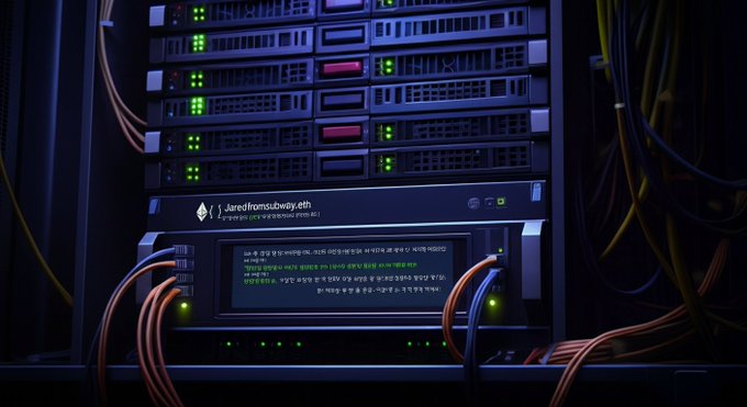 A dark server rack with glowing green status lights and tangled orange and yellow cables, featuring a terminal screen displaying blurred green text and a label reading "Jaredfromsubway.eth," visually representing the MEV bot that was exploited for $7.5 million in a dramatic on-chain reversal.