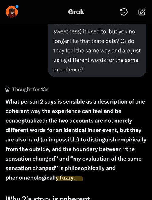 Screenshot of Grok AI chat discussing phenomenological philosophy about taste sensations, with the word 'fuzzy' highlighted.