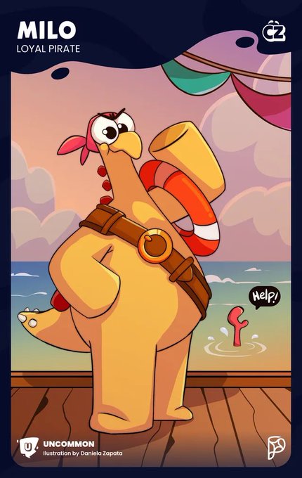 A cartoon-style trading card features "Milo, Loyal Pirate," a yellow dinosaur-like character wearing a red bandana, a life preserver, and a brown belt, standing on a wooden ship deck while a red snorkel sticks out of the ocean behind it calling "HELP!" The card is marked "UNCOMMON" with illustration credited to Daniela Zapata, fitting the post about pulling Milo from a card pack.