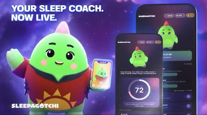 The image features a cartoon character dressed in red and green who appears to be holding a cell phone with a sleep tracking app displayed on its screen. The character also has a small green toy next to them, possibly representing a pet or a stuffed animal. The background of the image is purple, which adds a vibrant touch to the overall composition. The post seems to be promoting a new app called "Sleeping App" that tracks sleep patterns and provides insights on how to improve sleep quality.