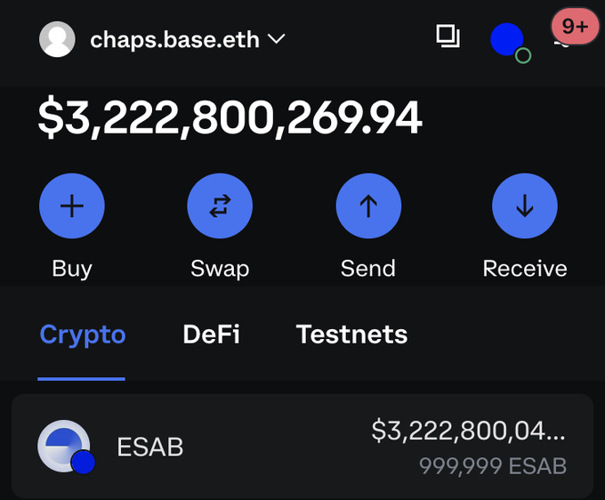 A Coinbase wallet screenshot showing an account named 'chaps.base.eth' with a balance of $3,222,800,269.94 holding 999,999 ESAB tokens, featuring Buy, Swap, Send, and Receive options.
