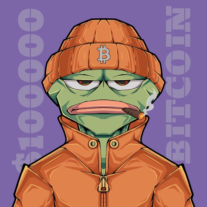 A digital illustration of a cartoon frog character wearing an orange beanie with a Bitcoin logo and an orange jacket, smoking a cigar against a purple background with 'BITCOIN' written vertically.