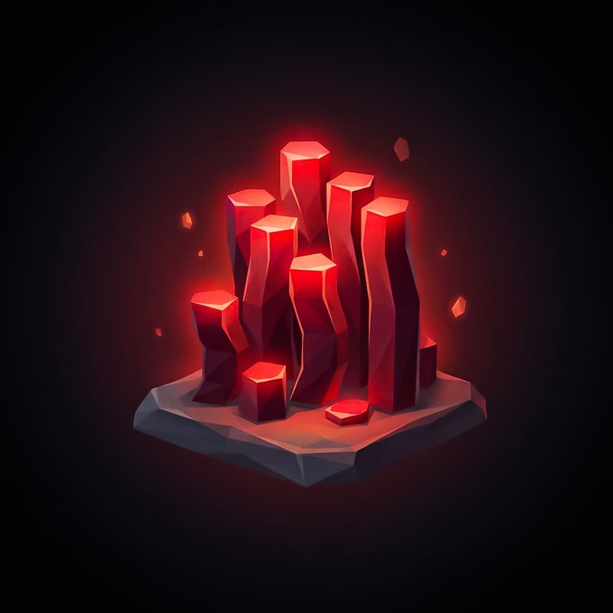 A digital illustration of glowing red crystal pillars on a stone platform against a dark background, with small fragments floating around them.