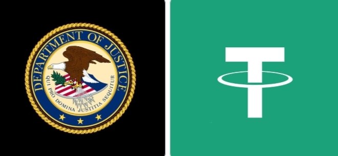 The image shows the U.S. Department of Justice seal on the left and the Tether (USDT) logo on the right against a green background. This visually represents the collaboration between the DOJ and Tether, as referenced in the post about their joint effort to seize over $52 million in crypto linked to a global scam network.
