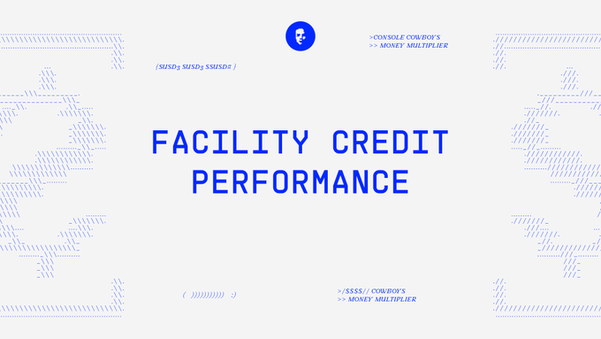 The image is a title slide reading "FACILITY CREDIT PERFORMANCE" in bold blue text, featuring a small avatar/logo at the top and ticker references such as "$USD3" and "$$$$//CONSOLE COWBOY'S" framing the page, which introduces a financial update on the USD3 credit facility's $1.2M accrued yield and ~10-week performance metrics.