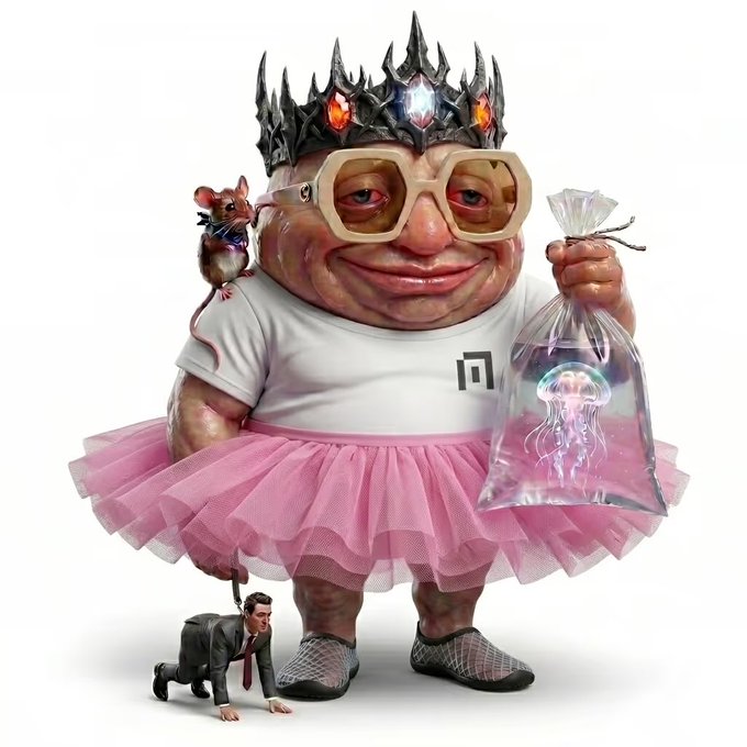 A grotesque, cartoonish figure wearing a spiked black crown, oversized yellow glasses, a white t-shirt with a "N" logo, and a pink tutu holds a plastic bag containing a glowing jellyfish, while a rat sits on his shoulder and a businessman crawls on a leash at his feet, perfectly capturing the bizarre "brain rot" aesthetic referenced in the post.