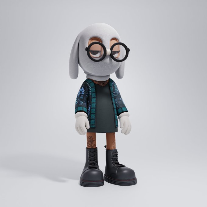 A 3D-rendered character with a gray hood featuring glasses and a beak, wearing a patterned cardigan over a dark dress.