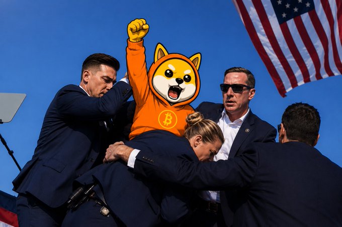 A photo showing security personnel tackling an individual wearing an orange dog/shiba mascot costume with a Bitcoin logo, with an American flag visible in the background.