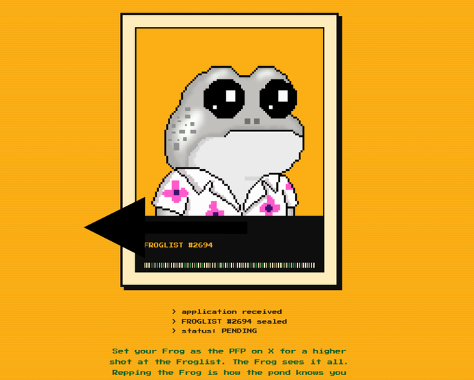 A pixel art frog wearing a floral shirt sits inside a Polaroid-style frame labeled "FROGLIST #2694" on an orange background, accompanied by text reading "application received, FROGLIST #2694 sealed, status: PENDING" — illustrating the imminent close of ZecFrogs application submissions noted in the post.