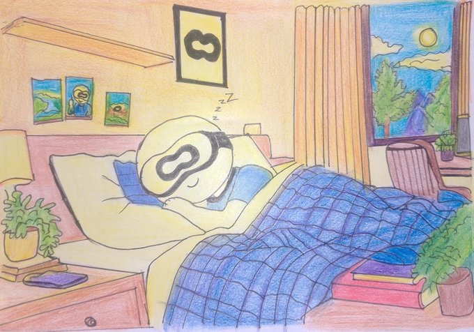 A colored pencil drawing of a person sleeping in a bed with a VR headset on, featuring a window with a landscape view.