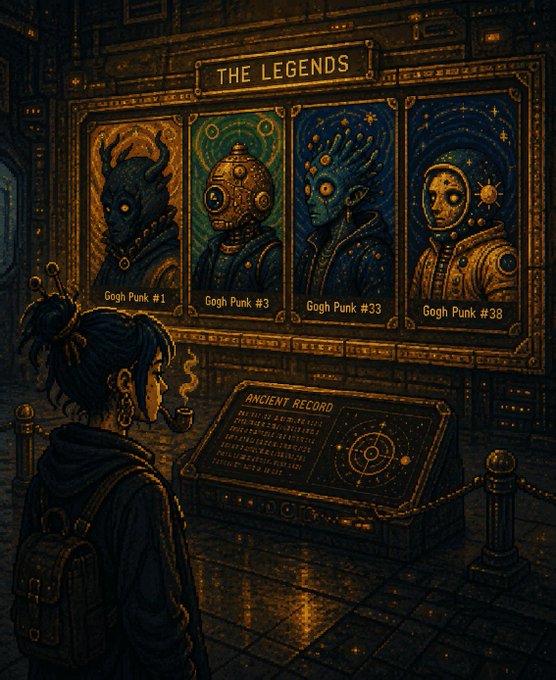 An illustrated scene of a person viewing a steampunk-style exhibit titled 'THE LEGENDS' featuring four portraits labeled 'Gogh Punk #1', 'Gogh Punk #3', 'Gogh Punk #33', and 'Gogh Punk #38', with an 'ANCIENT RECORD' console below.